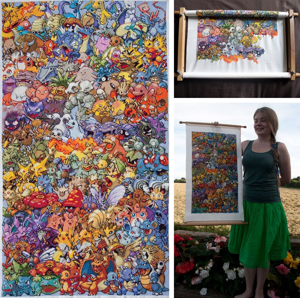 GottaStitchEmAll Linda with her finished Pokemon first generation cross stitch project completed