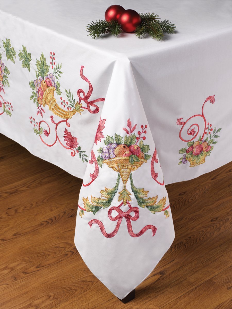 holiday table wear on the sixth day of stitchmas stamped cross stitch christmas tablecloths
